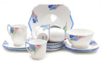 A Shelley porcelain Strand shape part tea service, circa 1930s, decorated with pink and blue daisies