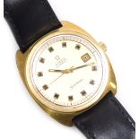 An Omega Seamaster gentleman's gold plated wristwatch, circular gilt dial, with centre seconds, date