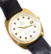 An Omega Seamaster gentleman's gold plated wristwatch, circular gilt dial, with centre seconds, date