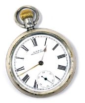A Victorian gentleman's silver pocket watch, open faced, key less wind, circular enamel dial bearing