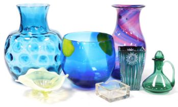 A group of 20thC glass, including a blue dimple glass vase, 30cm high, Murano type vase with blue an