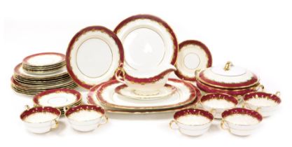 An Aynsley porcelain Rutland Burgundy pattern part dinner service, comprising pair of graduated meat