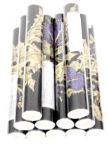 Eleven rolls of Timorous Beasties Grand Thistle wallpaper, gold and purple on black.