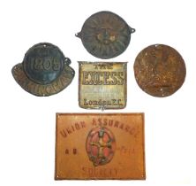 Five various fire marks, for Phoenix, tin, (Addis Ref 23C), Sun, tin, (Addis Ref 3F(i)), The Excess