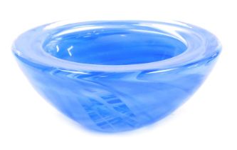 A Kosta Boda blue glass bowl, with swirl decoration, etched mark, 22cm wide.