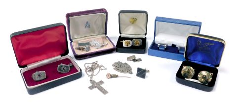 Gentleman's dress cuff links, including a pair set with Connemara marble, crucifix on chain, tie cli