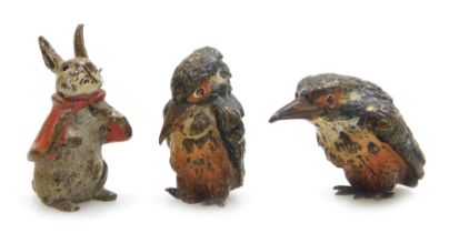 Two 20thC cold painted bronze painted figures of Kingfishers, 2.5cm high, and a coal painted bronze