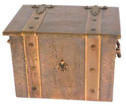 An early 20thC copper coal box, with studded strap work, and twin carrying handles, 35cm high, 50cm