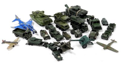 Dinky diecast military vehicles, including a Chieftain tank, a tank transporter, army wagons, togeth