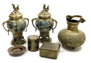 A group of Eastern brassware, including a pair of koros and covers, decorated in champleve enamel wi