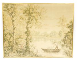 After Corot. A tapestry wall hanging of a lake scene, with a man in a boat, and a lady seated on the