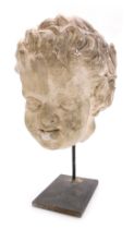 A 16thC carved plaster head of a faun, raised on a metal stand, 35cm high.