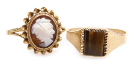 A 9ct gold lady's tiger's eye set signet ring, size R, together with a 9ct gold and cameo ring, bust