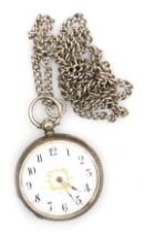 A lady's silver cased pocket watch, open faced, key wind, circular enamel dial bearing Arabic numera