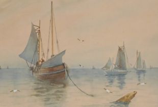 E Haslam (British, early 20thC). Fishing vessels in calm waters, watercolour, signed, dated 1914, 23