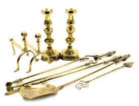 A set of three Victorian style brass fire irons, comprising pair of coal tongs, poker and shovel, pa