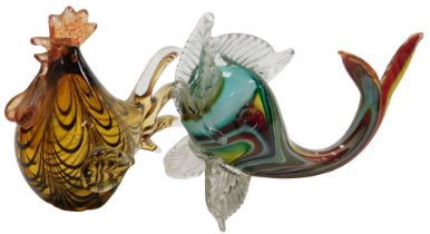 A Murano glass model of a dolphin, 27cm high, together with another glass figure of a rooster, 20cm