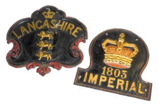 Two fire marks for Imperial and Lancashire, the Imperial 1803 mark, tin, (Addis Ref 40E(i)) the Lanc