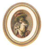 A 19thC coloured engraving of an 18thC mother and child, oval framed, 39cm x 29cm.