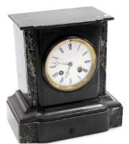 A late 19thC French slate and marble mantel clock, circular enamel dial bearing Roman numerals, eigh