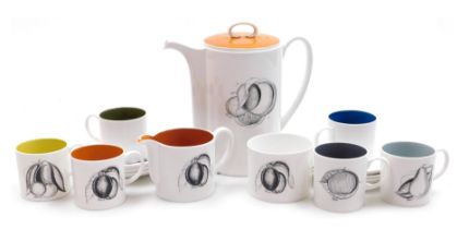 A Susie Cooper porcelain Black Fruit pattern part coffee service, printed marks, comprising coffee p