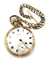 A Waltham gold plated gentleman's pocket watch, open faced, key less wind, circular enamel dial bear