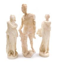 After The Antique. An alabaster sculpture of The Apollo Belvedere, 45cm high, and two further figure