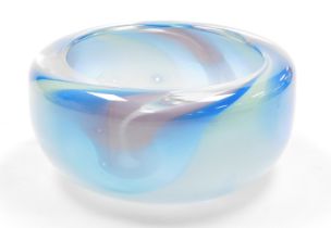 A Barry Cullen cut glass bowl, with pink, blue and green swirl decoration, etched signature and date
