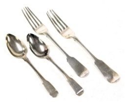 Two Victorian silver dessert forks, London 1862 and 1866, and a pair of Georgian silver teaspoons, c