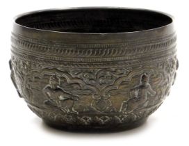 A 19thC Indian bowl, embossed with Hindu gods and leaves, white metal, 4.65oz.