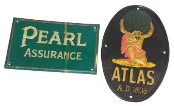 Two fire marks for Atlas and Pearl Assurance, both tin, the Atlas (Addis Ref 50B(ii)), and the Pearl