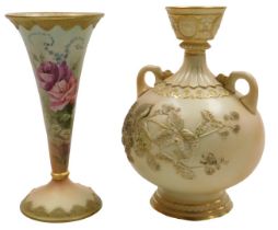 A late 19thC Royal Worcester blush porcelain vase, c1888, of twin handle baluster form, moulded with