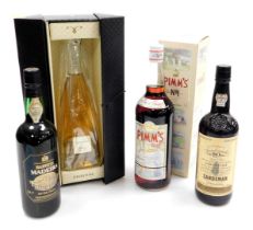 A bottle of Ferghettina Franciacorta, boxed, a bottle of Pimms Original No. 1 Cup special edition, 1