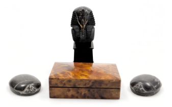 A thuya wood box, 15cm x 10cm, a pair of hardstone scarab paperweights, and a patinated copper bust