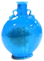A late 19thC Minton turquoise pottery moon flask, impressed and incised marks, 31cm high.