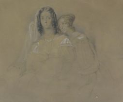English School (19thC). Study of two women, possibly sisters, charcoal, watercolour and body colour