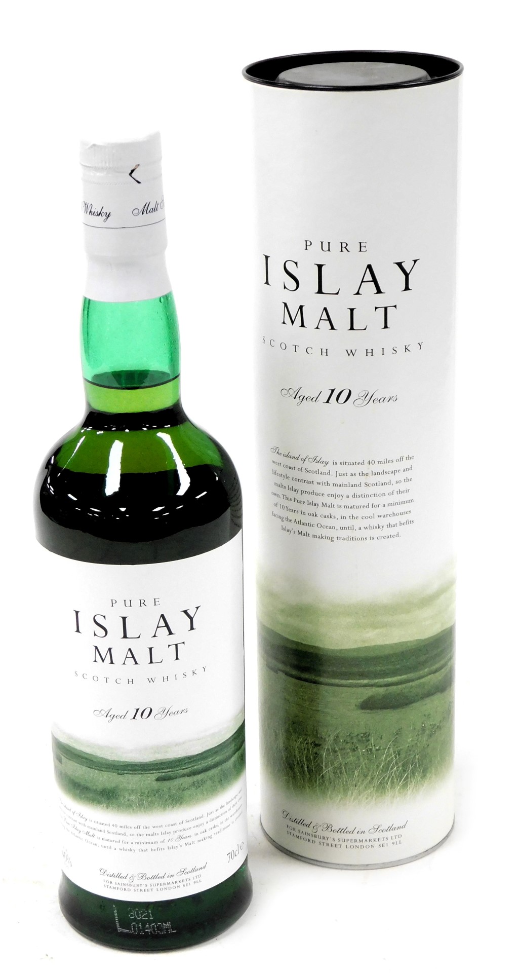 A bottle of pure Islay Malt Scotch Whisky, aged 10 years, distilled and bottled for Sainsburys, case