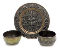A 19thC Indian Damascus dish, in brass, with silver overlay, decorated centrally with Hindu deities,