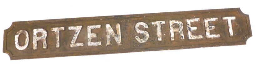 An early 20thC painted cast iron street sign, for Ortzen Street, Nottingham, 121cm wide. NB. We have