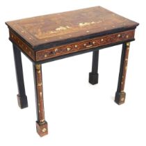 A 19thC Continental rosewood side table, with fruitwood and ivory inlay, the rectangular top decorat