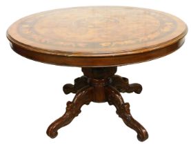 A Victorian style walnut mahogany and inlaid centre table, with floral marquetry inlay, raised on a