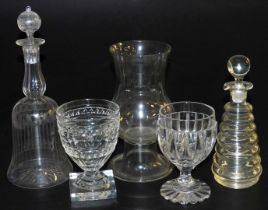 Two Victorian cut glass rummers, an etched glass bell shaped decanter and stopper, cut glass celery