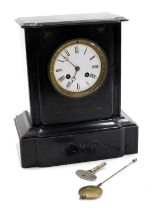 A Victorian slate mantel clock, the circular enamel dial bearing Roman numerals, eight day movement