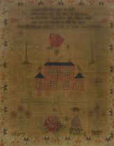 A Victorian sampler, by Mary Fielding 1837, showing a house, figures, pots of flowers and trees, ben