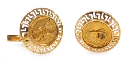 A pair of Greek cuff links, the central medallion embossed with a view of the Parthenon within a Gre
