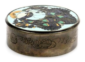 An early 20thC Austrian silver and cloisonne enamel box, decorated to the lid with a stylised peacoc