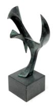 A late 20thC bronze maquette of a stylised bird, limited edition 3/10, stamped FL, raised on a squar