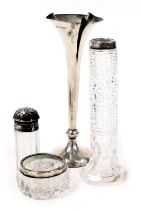 A George IV cut glass and silver mounted pepperette, Sheffield 1826, an Edward VII cut glass salt wi