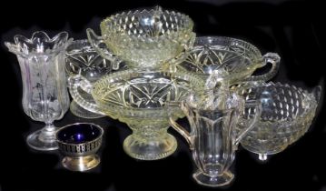 Three early 20thC pressed glass twin handled fruit bowls, Victorian cut glass celery vase