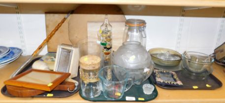 Glass shades, bowls, large jars, decanter, wooden wares include picture frame, hand mirror, small ch